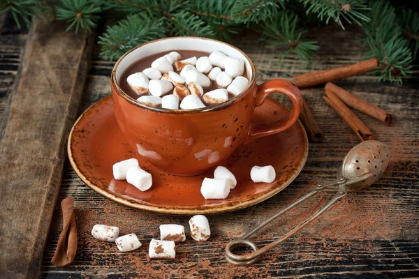 Heißgetränk Winter Kakao Mit Marshmallows Und Zimt Würzige Heiße Schokolade — Stockfoto