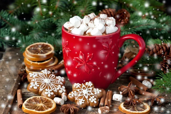 Xícara Chocolate Quente Cremoso Com Marshmallows Derretidos Para Férias Natal — Fotografia de Stock