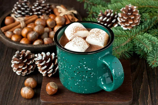 Homemade Dark Hot Chocolate Mugs Marshmallows Delicious Dessert Cold Weather — Stock Photo, Image