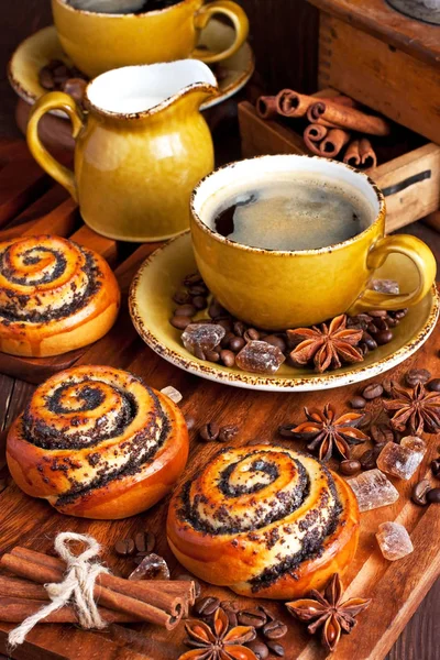 Cup Coffee Sweet Buns Coffee Beans — Stock Photo, Image
