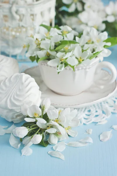 Sammansättning Med Vårblommor Tekopp Och Söta Zephyr — Stockfoto