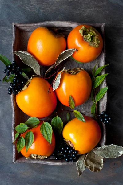 Group Fresh Persimmons Wooden Background — Stock Photo, Image