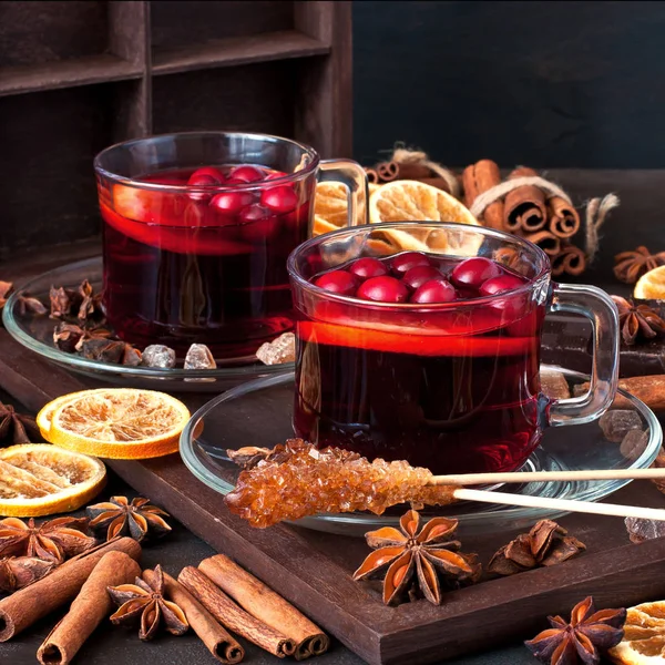 Christmas Mulled Red Wine Addition Cinnamon Sticks Anise Stars Cranberry — Stock Photo, Image
