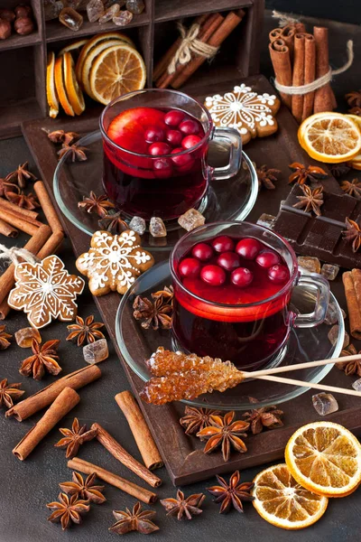 Christmas Composition Hot Spiced Wine Tasty Gingerbread Cookies — Stock Photo, Image