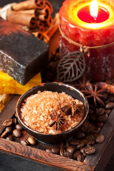 Chocolate (coffee) spa products and aromatherapy — Stock Photo, Image
