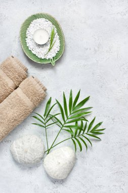 Spa taşlar ve yaprakları gri arka plan üzerinde