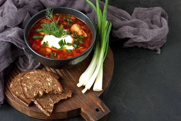 Борщ суп с укропом в керамической миске — стоковое фото