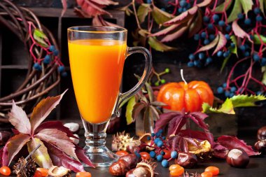 Kabak turuncu kokteyl cam kupa. Sonbahar mevsimlik içecekler