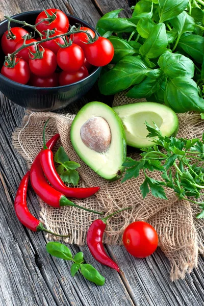 Avocado Branch Red Ripe Cherry Tomatoes Wooden Board — Stock Photo, Image