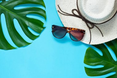 Renk arka planda güneş gözlüğü ve hasır şapka