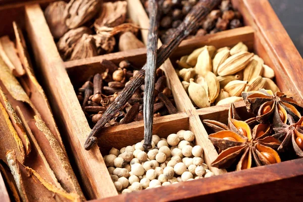 Variety  spices   in wooden box — Stock Photo, Image