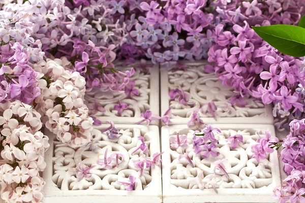 Composição estilo vintage com flores lilás, foco seletivo — Fotografia de Stock
