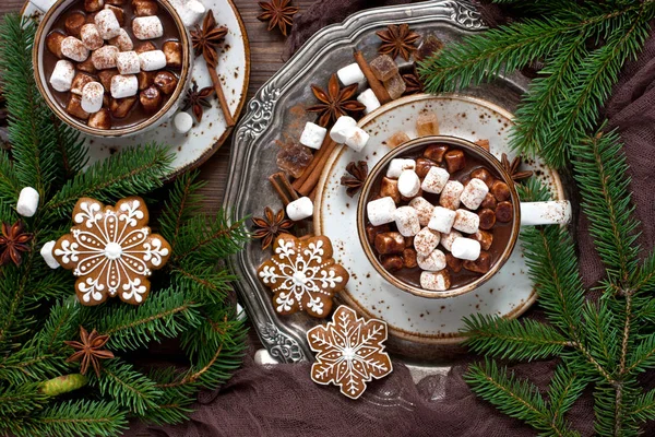Coppa Cremosa Cioccolata Calda Con Marshmallow Fusi Biscotti Pan Zenzero — Foto Stock