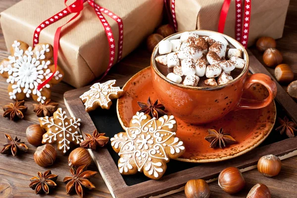Keramický džbánek naplněný horkou čokoládou a perníkové sušenky — Stock fotografie