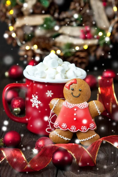 Biscoitos de gengibre de Natal com chocolate quente e marshmallow — Fotografia de Stock