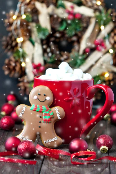 Tazza di cioccolata calda con marshmallow e biscotti di pan di zenzero — Foto Stock