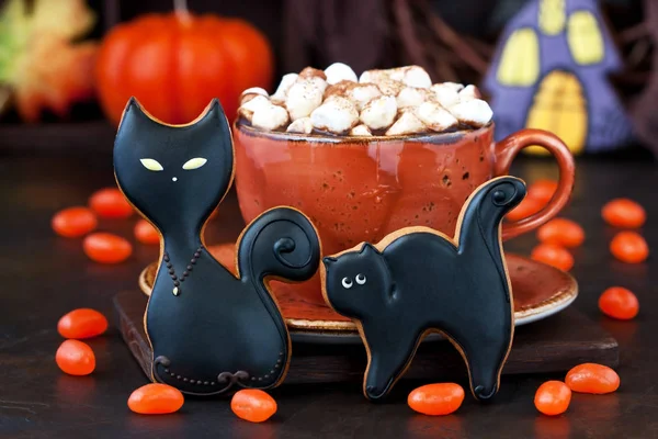 Cup  with  hot chocolate drink and gingerbread cookies  for  Halloween — Stock Photo, Image