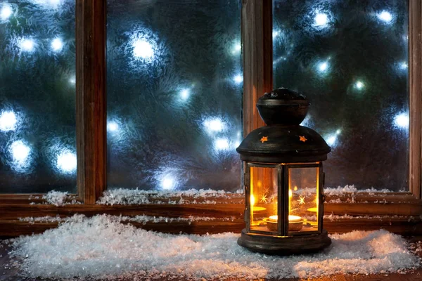 Christmas time composition with window and lights — Stock Photo, Image