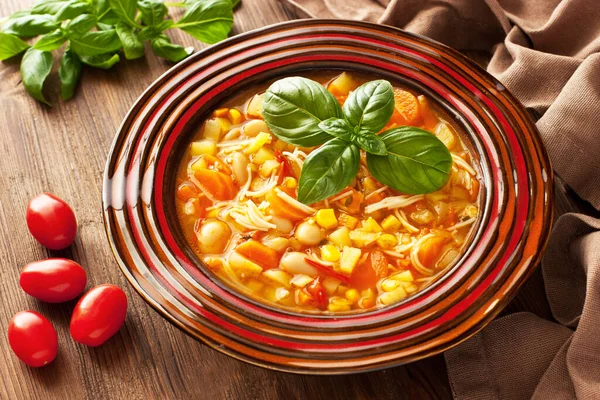 Minestrone Zuppa Verdure Con Pomodoro Fresco Carota Mais Pepe Fagioli — Foto Stock