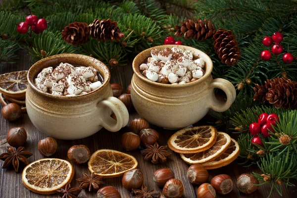Cacao Caldo Con Marshmallow Sullo Sfondo Legno Concetto Natale — Foto Stock