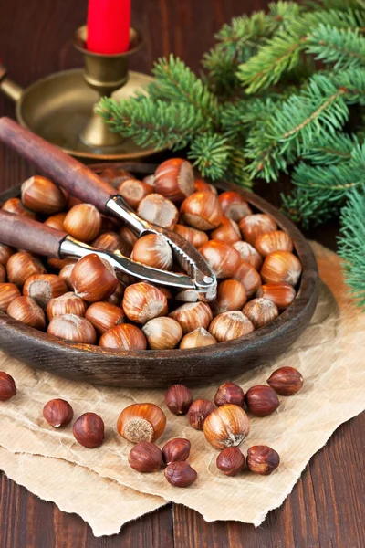 Christmas Still Life Hazelnuts Candle — Stock Photo, Image