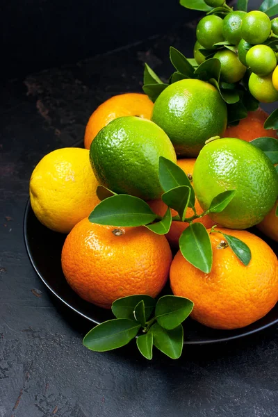 Różne Owoce Cytrusowe Mandarynka Cytryna Limonka Świeżymi Zielonymi Liśćmi Ciemnym — Zdjęcie stockowe