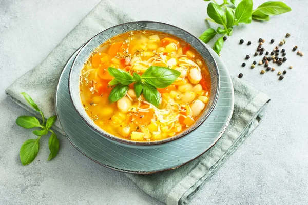 Minestrone Suppe Gesundes Essen Schüssel Mit Köstlicher Gemüsesuppe — Stockfoto