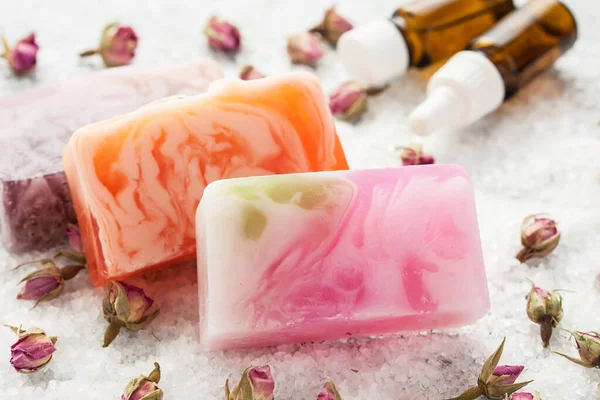 Piece Natural Soap Rose Selective Focus Shallow Depth Field — Stock Photo, Image