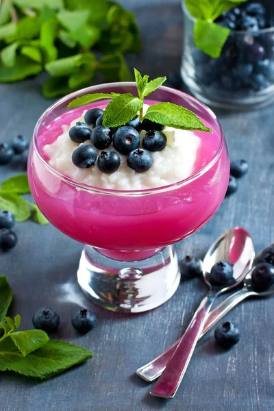 Healthy Dessert Rice Pudding Jelly Sauce Mint Leaves Glass Bowl — Stock Photo, Image
