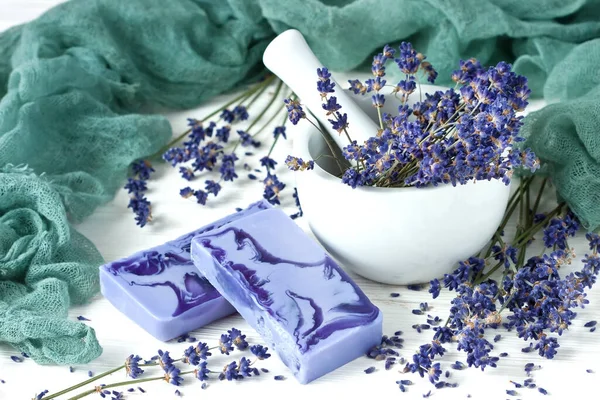 Homemade Soap Lavender Flowers Wooden Board Hygiene Items Bath — Stock Photo, Image