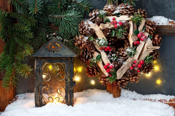 Tarjeta Regalo Navidad Con Composición Navideña Ventana Heladas Decoraciones — Foto de Stock