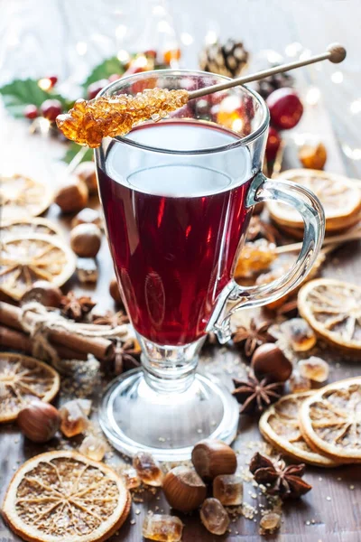 Christmas Mulled Red Wine Addition Cinnamon Sticks Anise Stars Cranberry — Stock Photo, Image