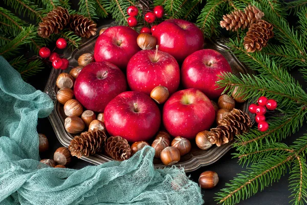 Christmas Still Life Apples Nuts Pine Cones Metal Dis — Stock Photo, Image