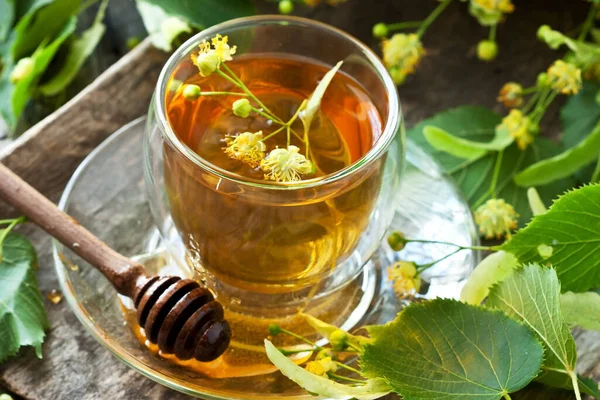 Lindenbloemen Kruidengeneeskunde Glas Gezonde Lindethee Met Honing — Stockfoto