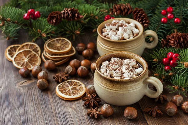 Coppa Cremosa Cioccolata Calda Con Marshmallow Fusi Vacanze Natale Messa — Foto Stock