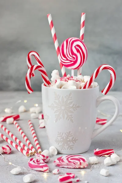 Christmas Time Composition Sweet Candy Canes Marshmallows Ceramic Mug Gray — Stock Photo, Image