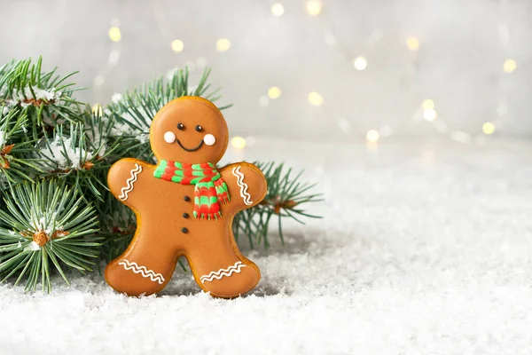 Fundo Natal Com Biscoitos Gengibre Forma Homenzinho Foco Seletivo Profundidade — Fotografia de Stock