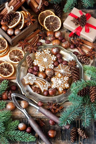 Christmas Background Cookies Fir Branches Spices Old Wooden Board Flat — Stock Photo, Image