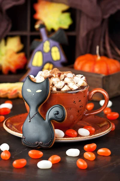 Homemade Gingerbread Cookies Form Black Cts Hot Chocolate Mug Halloween — Stock Photo, Image
