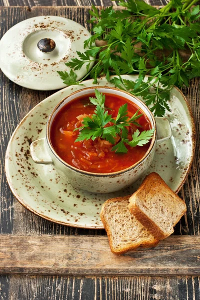 Borsch Beetroot Soup Ceramic Bowl Dark Background Traditional Dish Ukrainian — Stock Photo, Image