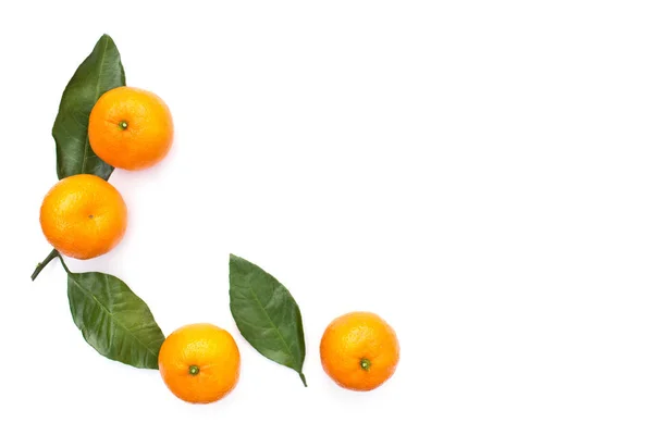 Orange tangerines with green leaves on white isolated background. — Stock Photo, Image