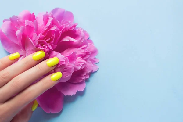 Elegante manicura femenina de moda. Uñas de color amarillo neón con flores de peonía rosa sobre fondo azul . — Foto de Stock