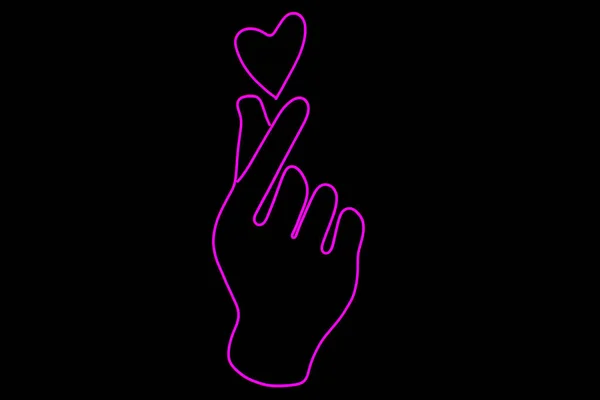 Glowing neon sign of a the fingers make a heart isolated on a black background. Korean style. — Stock Photo, Image