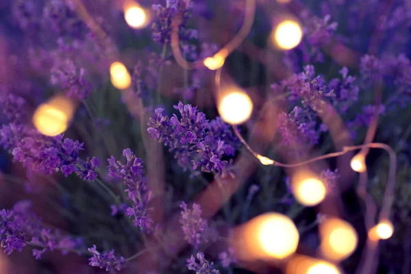 Levandulové pozadí se zlatými kroužky bokeh. — Stock fotografie