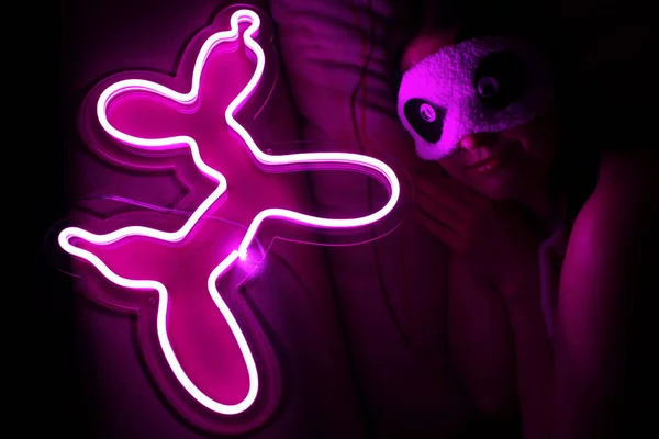 Beautiful Girl Sleeping Sleep Blindfold Purple Neon Sign Dog Good — Stock Photo, Image