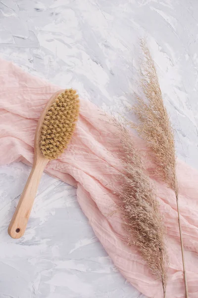 Wooden Brush Pink Fabric Grey Textured Background Dry Massage Aesthetics — Stock Photo, Image