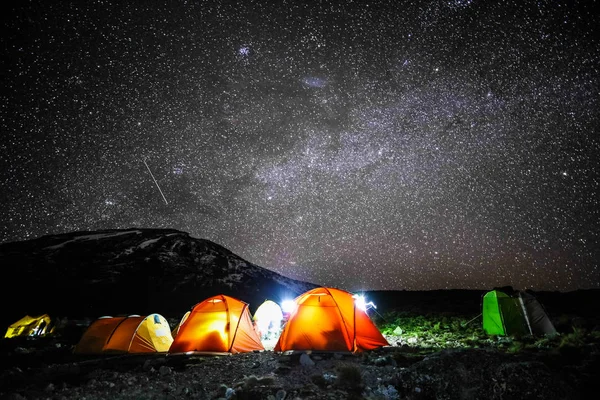 Camping in starry night on mount Kilimanjaro, Africa.