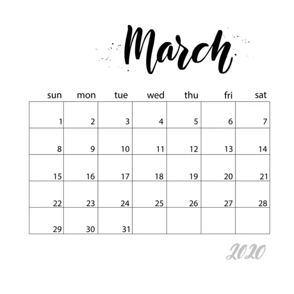Μαρτίου. Μηνιαίο ημερολόγιο για 2020 έτος — Διανυσματικό Αρχείο
