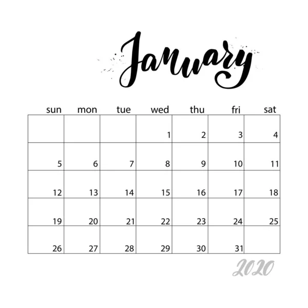 Maandelijkse kalender voor 2020 jaar — Stockvector