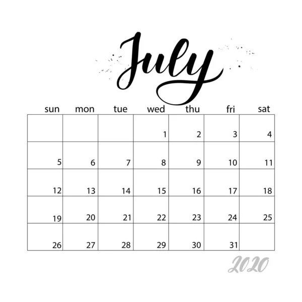 Juillet. Calendrier mensuel pour 2020 année — Image vectorielle